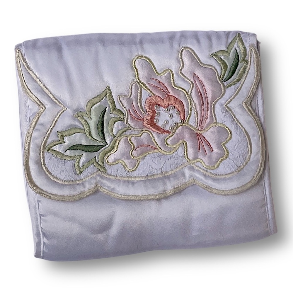 Embroidered Satin Clutch Bag in Lavender with Pink Floral Accent